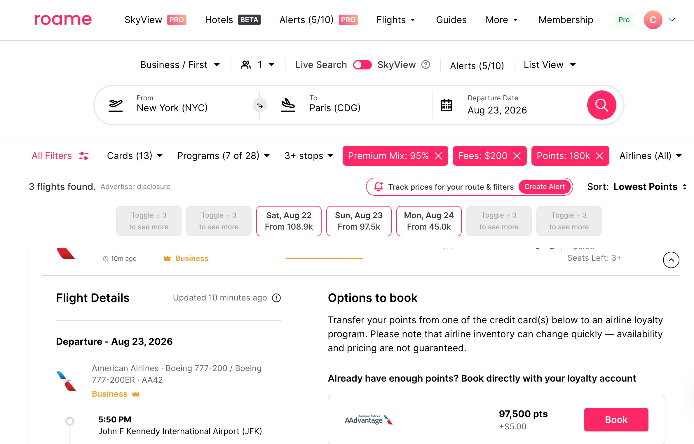 Search results with a maximum in taxes and fees and points set. ROAME.TRAVEL